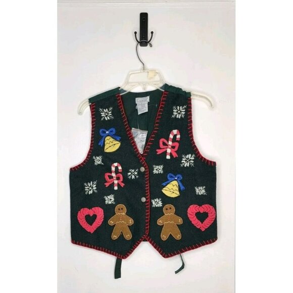 Gallagher Size Medium Wool Blend Forest Green Christmas Vest Embroidered Winter - Picture 1 of 6